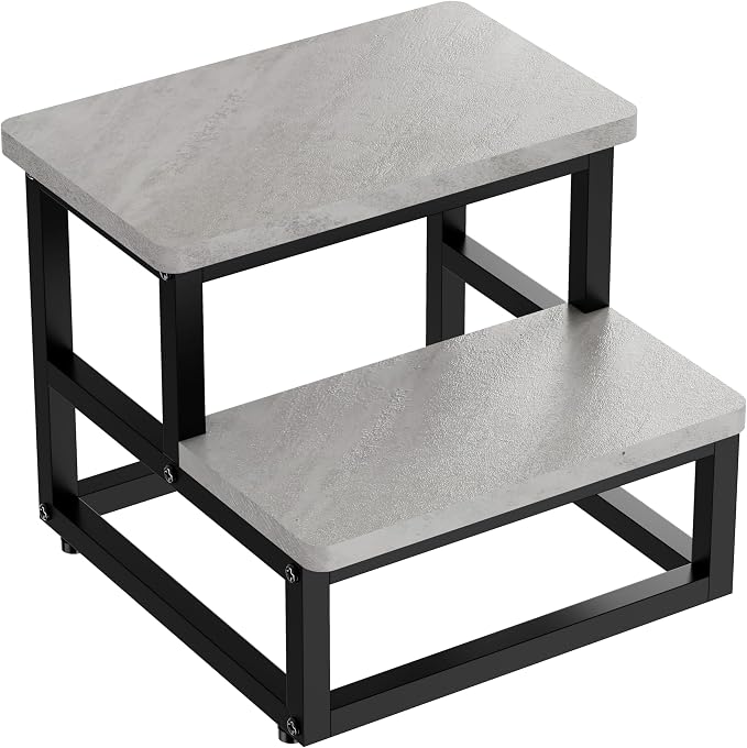 SZLHANJZ Step Stool, Wood & Metal Step Stools for Adults Kids, 500 LB Load | Heavy Duty Step Stool for Kids Adults, Non-Slip 2 Steps Foot Stool for High Beds and Kitchen, Round Corner, Cement Gray