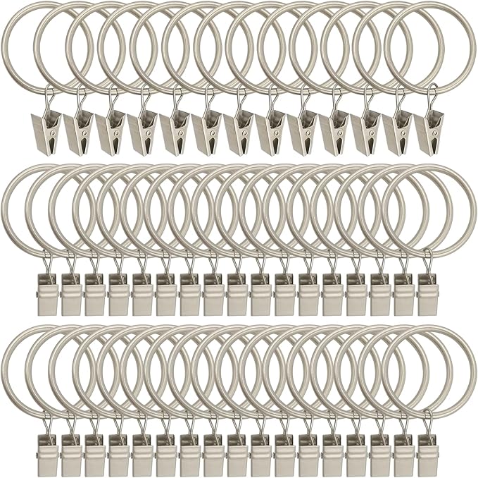 LLPJS 60 Pack Metal Curtain Rings with Clips, Curtain Clip Rings Hooks for Hanging Drapery Drapes Bows, Curtain Rod Rings 1.5 inch Interior Diameter, Matte Silver