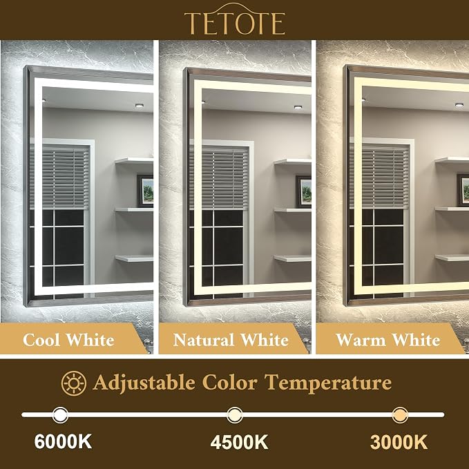 24 x 32 Led Mirror Brushed Gunmetal Gray/Off‑Black Metal Frame Frontlit & Backlit Vanity Mirror Anti-Fog Stepless Dimmable 3 Colors White/Warm/Natural Wall Mirror with Lights Wall-Mounted