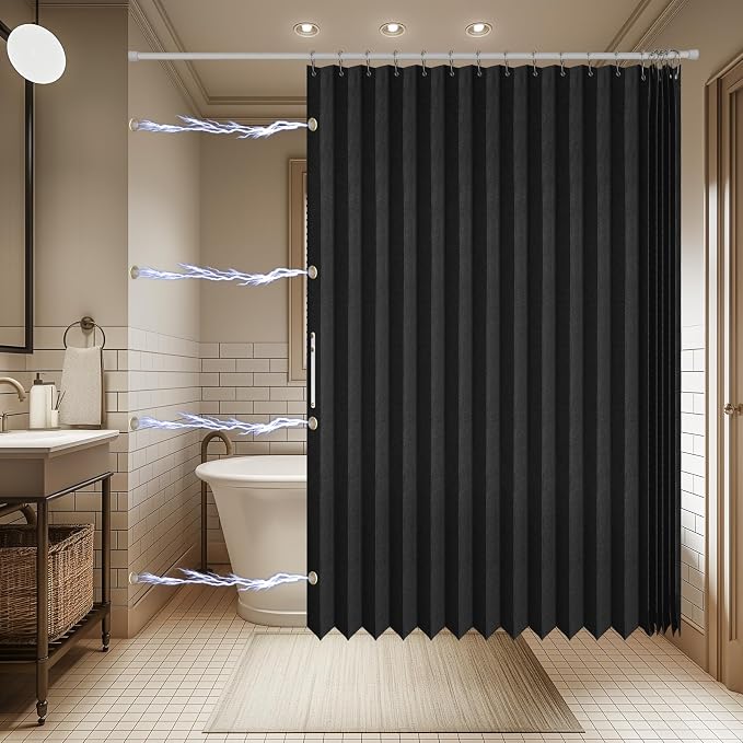 AJAZZ Magnetic Folding Shower Curtains Fabric Polyester Material Waterproof Shower Curtain Suitable for Family Hotel Homestay (Black,77" W x 72" L) 1 Panel