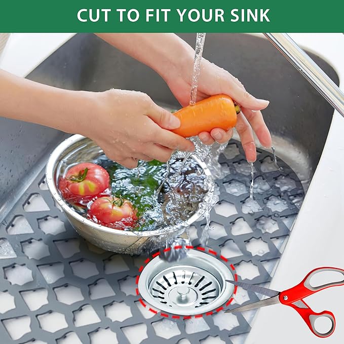 Silicone Sink Protector Mats for Multi-Size Kitchen Sink (16.8"x12.6") | Flexible and durable, heat-resistant, machine washable, non-slip, gray grid.