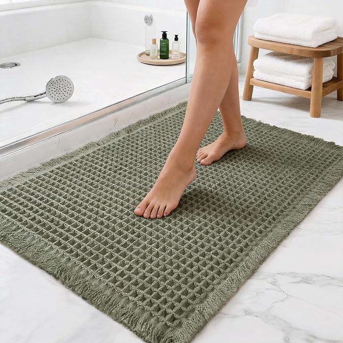 Set of 2 Waffle Bathroom Rugs, Non Slip Absorbent Waffle Knit Bath Mat for Shower Floor, Tub and Bathroom Door, Ultra Soft Quick Dry, Olive Green, 18"x30"+24"x36"