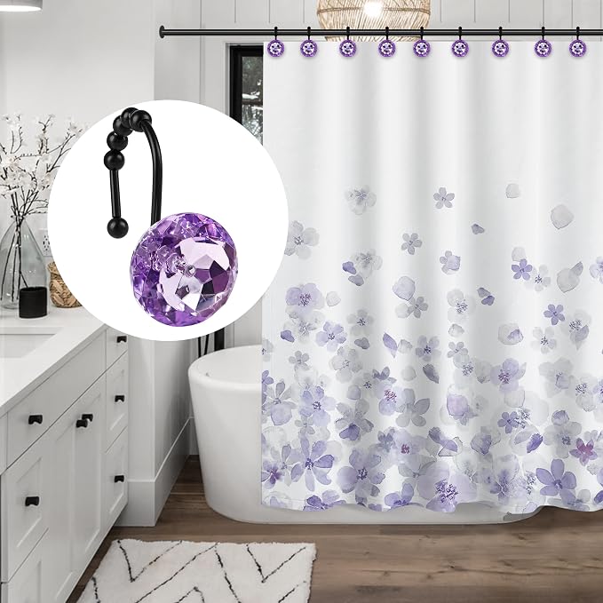 Sunlit Luxury Design Round Purple Diamond Crystal Gem Bling with Glide Balls Shower Curtain Hooks, Rust Proof Metal Rhinestones Glam Shower Curtain Rings with Black Hooks, Set of 12