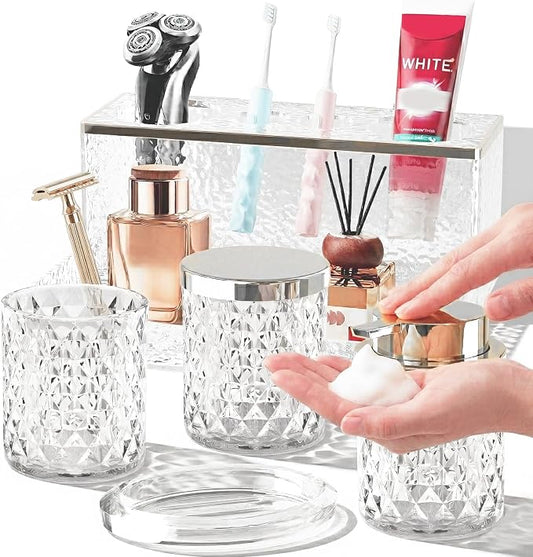 Glass Bathroom Accessories Set 5Pcs Crystal Clear- Foaming Soap Dispenser, Soap Dish, Cup, Acrylic Toothbrush Holder with Tray Organizer, Cotton Swab Jar, Bathroom Counter Set Sink Decor
