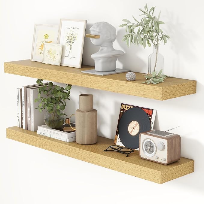 Heimlove 40 Inch Floating Shelves for Wall 8 Inch Deep Oak Shelves Set of 2,Wall Mounted Rustic Wood Long Floating Shelf with Invisible Brackets for Bedroom Kitchen Living Room