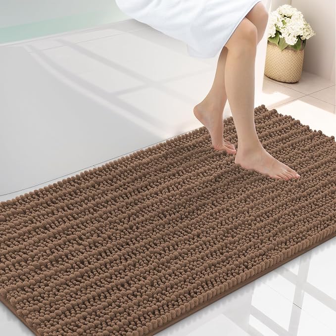 Smiry Bathroom Rugs 44X24, Extra Soft Rubber Backing Chenille Bath Mats | Mocha Machine Washable Non Slip Quick Dry Bath Mats for Bathroom Floor, Tub, Shower, Home Decor Accessories