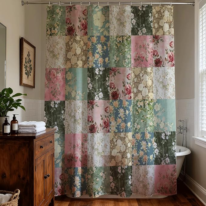 Shower Curtains for Bathroom, Boho Shower Curtain, Vintage Green Boho Floral Bathroom Decor Bath Curtain, Mid Century Waterproof Retro Farmhouse Patchwork Floral Shower Curtain, 72 X 84 Inches