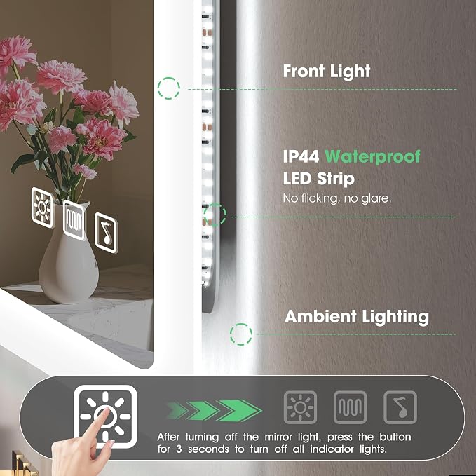 S'bagno 55"x36" LED Bathroom Mirror with Lights, Bluetooth Speaker, Anti-Fog & Waterproof, Dimmable Wall Mirror with Touch Control, 3 Light Colors, Vertical or Horizontal