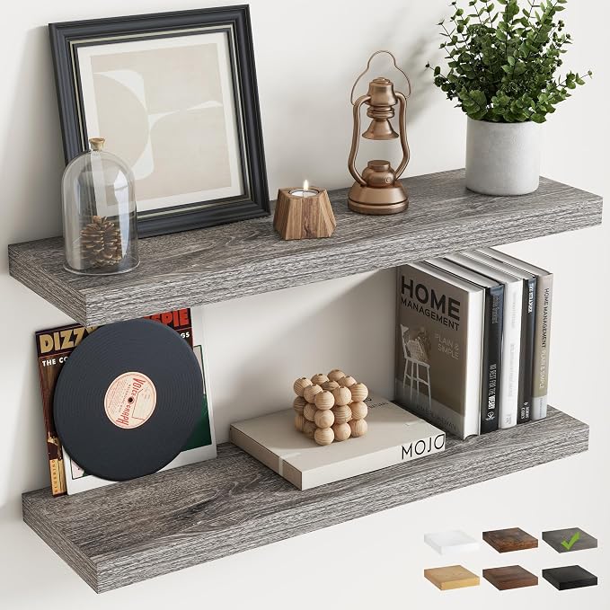 32 Inch Floating Shelves for Wall 2 Pack, 8"D Wood Grain Bathroom Shelves | Invisible Brackets, Grey Oak Finish, Easy Install | Engineered Wood Storage Shelves for Kitchen, Study, Bedroom