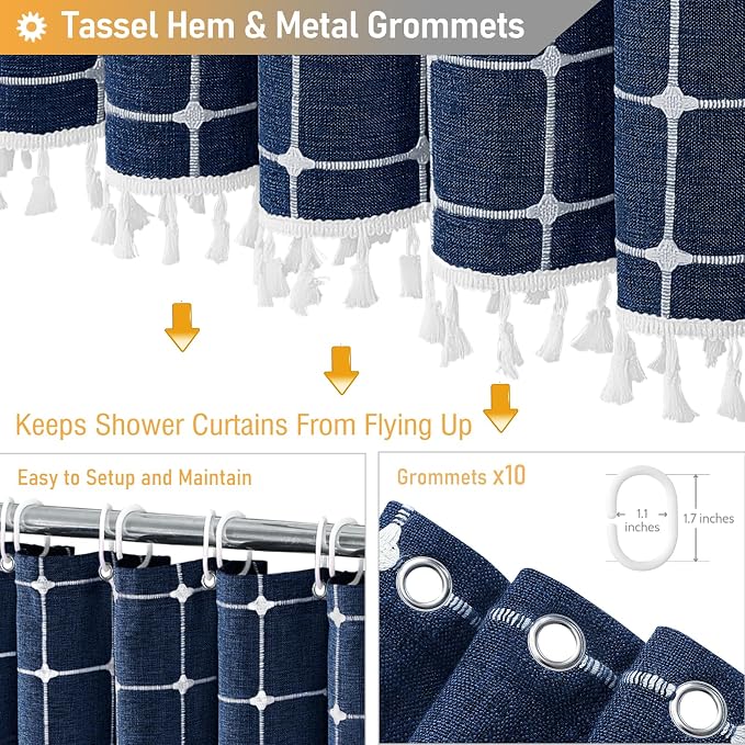 60x72 Boho Farmhouse Linen Heavy Duty Shower Curtain Set, Navy Blue | Narrow Size, 330GSM Linen Blend, 3-side Tassels, Water Repellent Fabric, 10 Plastic Hooks, Rustic Bohemian, Machine Washable
