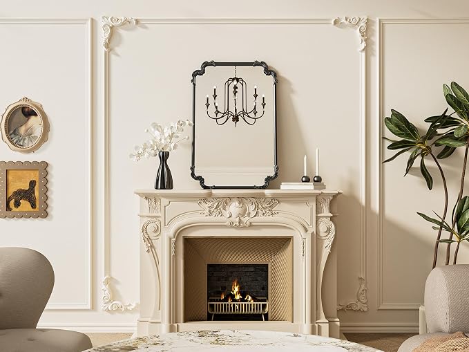 Antique Black Rectangle Mirror for Mantle Fireplace 24 x 36 Baroque Vintage Ornate Scroll Wall Mirror with Metal Frame for Traditional Victorian French Decor, Horizontal/Vertical