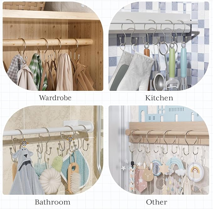Bathway Shower Curtain Hooks, 24Pcs Nickel Shower Curtain Rings with Cylindrical Design, Metal Shower Curtain Hooks Rust Proof, Smooth Glide Double Shower Hooks Rings for Shower Curtain