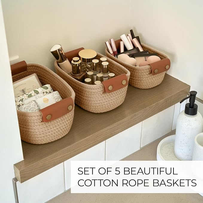 Beautiful Storage Basket Set of 5 - Sturdy Jute Rope Baskets for Shelves | Perfect for Organizing Your Home - Quality Storage Bins Easily Fit with Any Nursery or Bedroom Decor
