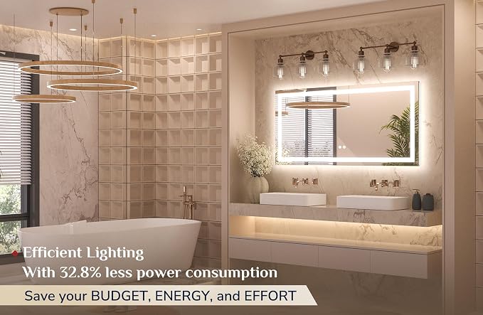 Keonjinn 48x24 Inch LED Bathroom Mirror with Lights, Frontlit & Backlit | HD Tempered Grass, 3-Color Temperature & Stepless Dimmable Lighting, Fast & Safe Defogging, Effortless Installation