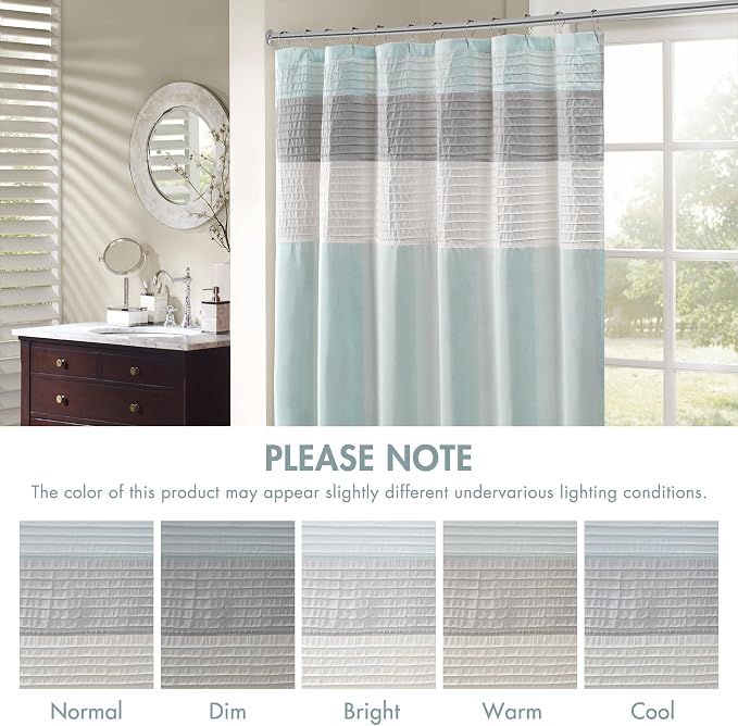 Madison Park Bathroom Shower Curtain, 72 x 84 Extra Long, Faux Silk, Aqua | Modern Classic, Light Sheen, Pieced, Striped, Microfiber, Machine Washable, OEKO-TEX Certified, Amherst
