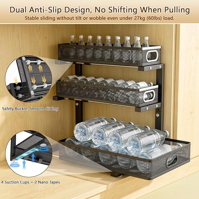Under Sink Organizer, 3-tier Under Sink Storage Organizer Adjustable Height Easy Assembly Pull Out Cabinet Organizers Basket for Bathroom Kitchen Pantry Home Organization