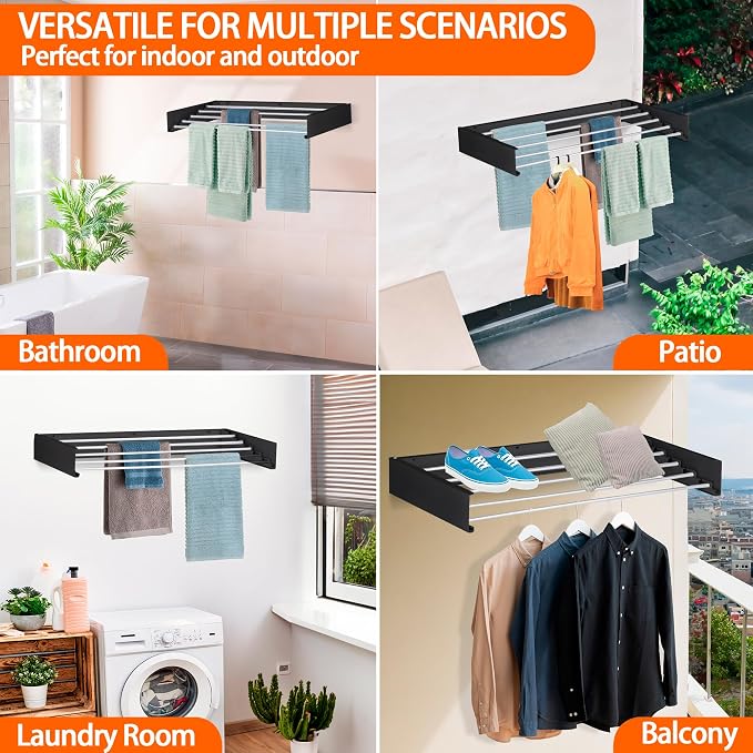 Laundry Drying Rack Wall Mounted Clothes Drying Rack Collapsible with 5 Aluminum Rods and Drilling Template Long Screwdriver Bit 60 lbs Capacity (Black, 40")