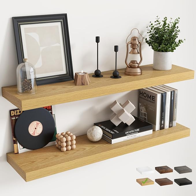 40 Inch Floating Shelves for Wall 2 Pack, 8"D Wood Grain Bathroom Shelves | Invisible Brackets, Oak Finish, Easy Install | Engineered Wood Storage Shelves for Kitchen, Study, Bedroom