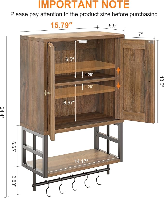 Bathroom Wall Cabinet, Farmhouse Medicine Storage with Towel Bar, Walnut | 2 Doors & Adjustable Shelves 5 Hooks, 3-Tier for Over-Toilet, Laundry, Living, Bedroom, Kitchen, Space Saving