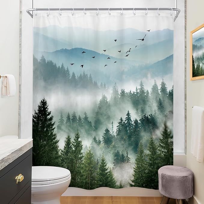 Green Rustic Mountain Scenery Pine Tree Bathroom Shower Curtain Set | 54"W x 78"L shower curtain， Greenery Landscape: HD waterproof print, quick-dry cloth, free hooks for easy installation.