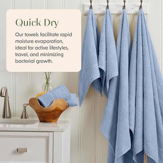 100% Cotton Bath Towel Set | 4-Pack | Textured | Blue | Luxury Geometric Design | Absorbent & Quick-Dry Bathroom Towels | Textured and Durable Cotton Towels for Bathroom | OEKO-TEX