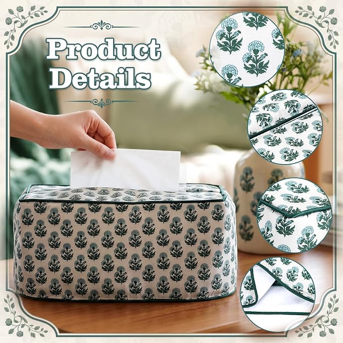 Sawysine Fabric Green and White Block Print Tissue Box Cover Rectangular | 9.8 x 5.4 x 4.2 Inches Floral Print Tissue Box Vintage Floral Decorative Napkin Holder Bathroom Decor for Kitchen Living Room
