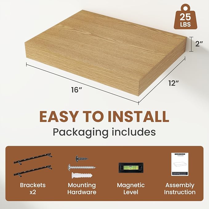 Vivelove Deep Floating Shelves for Wall 16x12” Set of 2, Oak | Easy Install With Hardware, 2" Thick, Invisible Brackets, Wall Mounted, No Sagging, For Any Room