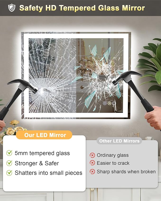 40x32 LED Bathroom Mirror, 6000LM, Separate Front and Back Lights | UL Certified,Shatter-Resistant Tempered Glass,Auto-Off Defogger,3 Color Modes,Smooth Dimming,Smart Memory Setting