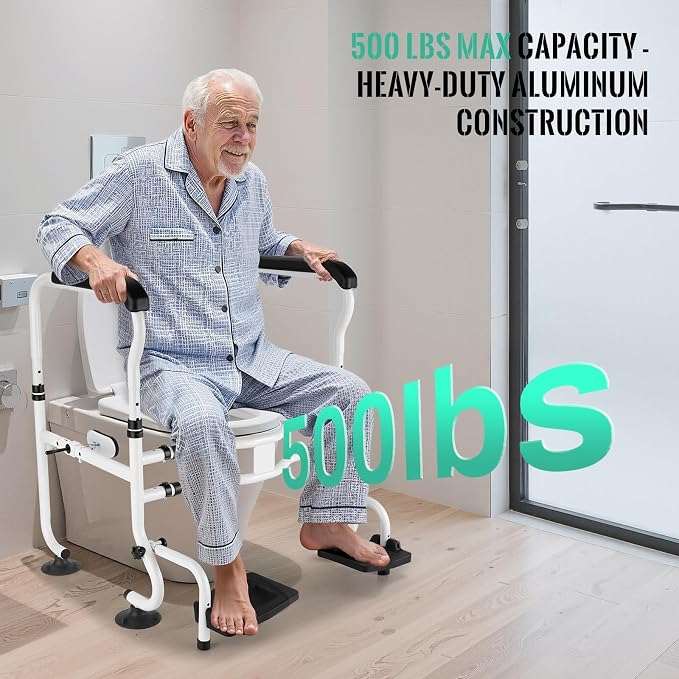 Toilet Safety Rails with Footrests, Adjustable Height & Width, Foldable Heavy Duty Toilet Safety Frame with Handles, Supports 500 lbs, Fits Most Standard Toilets-Suit for Elderly, Seniors & Disabled