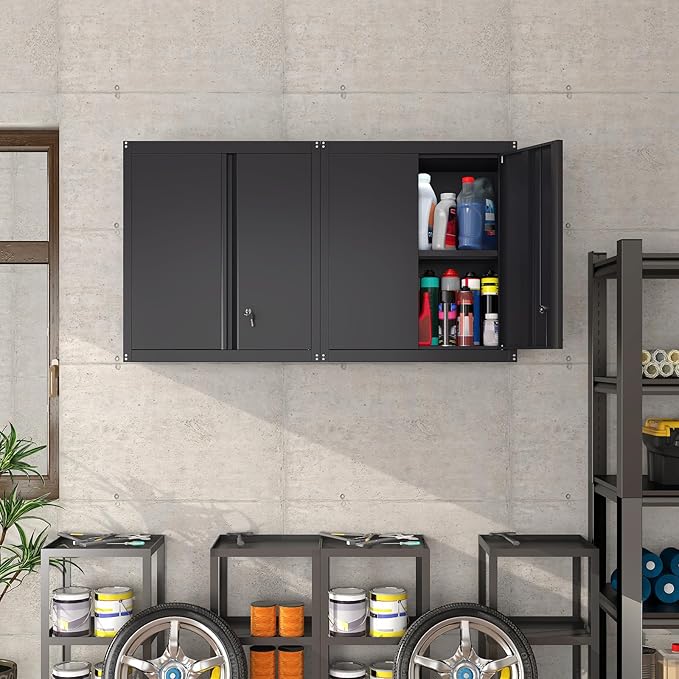 Wall Cabinet Storage, Locking Wall Cabinet with 2 Doors,Garage Storage Cabinet for Home Office,Gym,Garage,Black