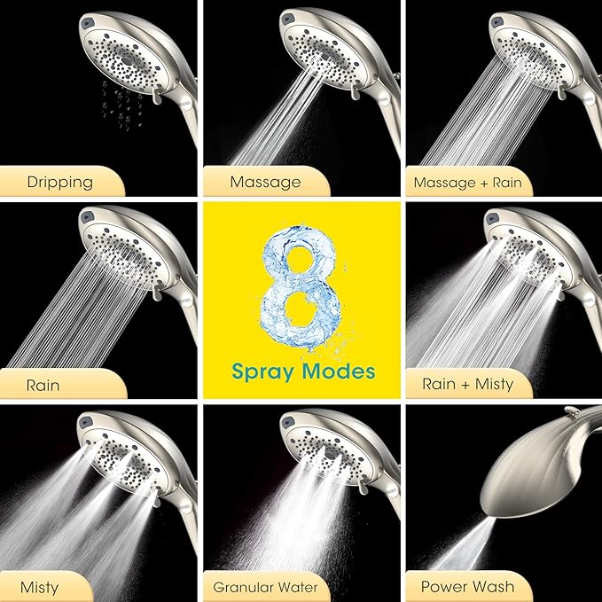 High Pressure Filtered Handheld Shower Head, Brushed Nickel | 80" Long Stainless Steel Hose, Built-in Power Wash, Anti-clog Nozzles, Filter Beads for Hard Water, Remove Chlorine