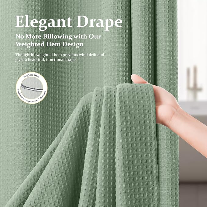 Stall Waffle Shower Curtain 256 GSM Heavy Fabric 36x72 Sage Green | Narrow Half Size, Thick Polyester Cloth, Weighted Hem, Water Repellent, Washable, Hotel Bathroom Shower Curtain Set 6 Hooks