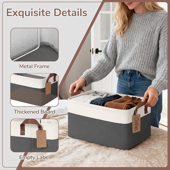 CHICVITA 4 Pack Fabric Storage Bins for Shelves, Gray & White | 14.8 × 10.3 × 8.3 in, Metal Frame, Leather Handles, Nursery & Living Room Organization, Toys, Clothes & Books Storage