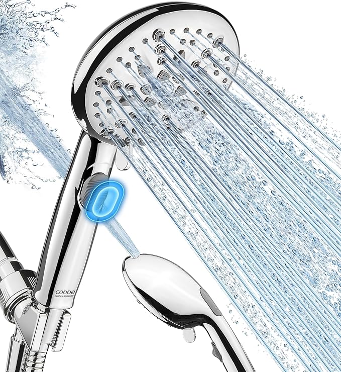 Cobbe 9 Spray Modes Handheld Shower Head, Water-Saving, Chrome | Power Rinse, 1-Click Pause & Flow Control, 6ft Stainless Steel Hose, Adjustable Brass Bracket