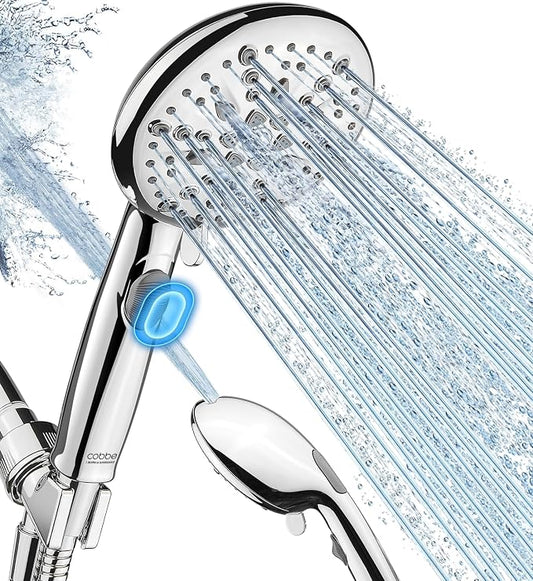 Cobbe 9 Spray Modes Handheld Shower Head, Water-Saving, Chrome | Power Rinse, 1-Click Pause & Flow Control, 6ft Stainless Steel Hose, Adjustable Brass Bracket