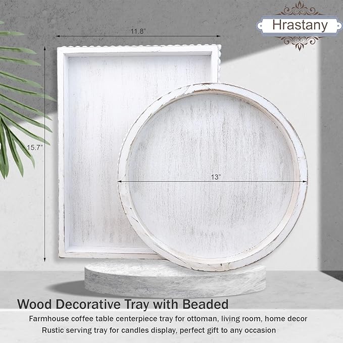Hrastany Round Wood Serving Tray with Beaded, 13” Rustic Wooden Decorative Coffee Table Tray for Centerpiece, Ottoman, Farmhouse Circle Trays for Counter, Living Room, Home Decor (Whitewashed)
