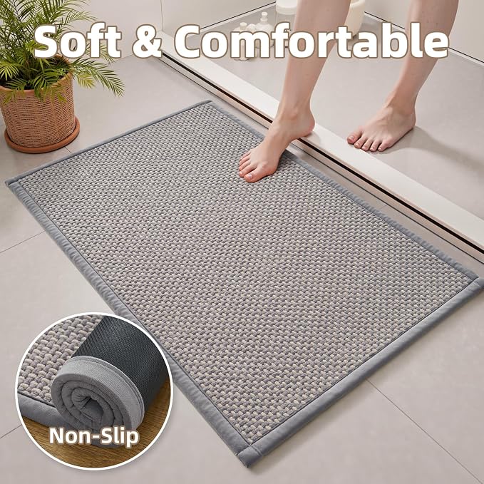 PADOOR-Bath Mat Runner-Super Absorbent Chenille Bathroom Mats-Rubber Backed Bath Mats for Bathroom Non Slip, Easy Clean Bathroom Runner Rugs Front of Bathtub,Shower Room,Sink-17×59 Grey&Beige