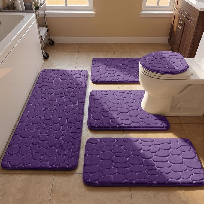 Bathroom Rugs Mat Set, Memory Foam Bath Mat 5 Piece Purple | Non Slip, Water Absorbent, Washable, Bath Mat For Bathroom, Sink and Toilet