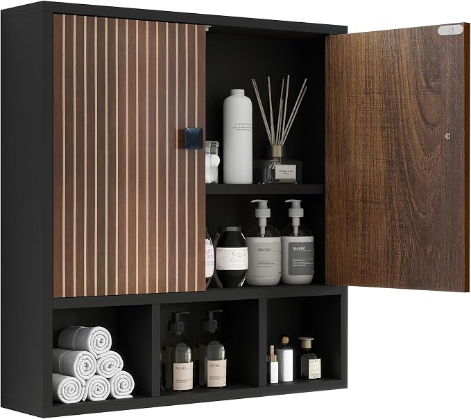 Bathroom Wall Cabinet,Wooden Medicine Cabinet with Fluted Doors Over The Toilet Storage Cabinet with Adjustable Shelf for Bathroom (Black)