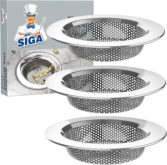 MR.SIGA Kitchen Sink Strainer, Stainless Steel Sink Drain Strainer, 3 Pack | Dishwasher safe sink strainer, outer diameter 4.4 inch/11.2cm, inner diameter 3 inch/7.6cm