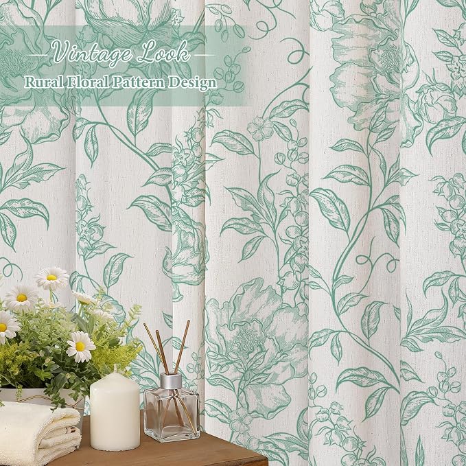 Teal Boho Linen Shower Curtain, Farmhouse Floral for Bathroom | Botanical floral print. Rustic farmhouse boho decor. Durable linen blend fabric. Machine washable for easy care. 72x78