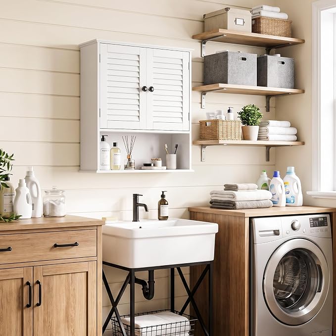 Bathroom Wall Cabinet with Adjustable Shelf, White 25" x 24" Medicine Cabinet with Louvered Doors, Over Toilet Storage Cabinet, Wall Mounted Bathroom Organizer for Bathroom, Laundry Room