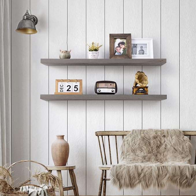 Floating Shelves for Wall - 36 Inch Grey Wood Shelves for Wall Set of 2-36W x 8D Farmhouse Floating Wood Shelves for Living Room Bedroom Laundry Room Garage Farmhouse