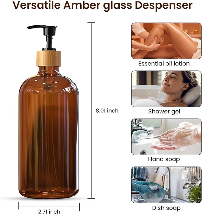 Amber Glass Soap Dispenser, Bamboo Pump with Tray, 16 oz | Amber Glass, Bamboo Pump Hand and Dish, Bathroom and Kitchen Sink use,6 Waterproof Labels Included 4 Pack