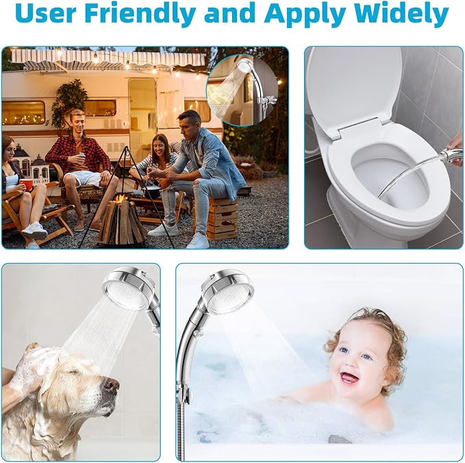 Marbrasse High Pressure Shower Head, 3-Settings Handheld Showerhead with ON/Off Full Shutoff Push Button and Switch to Control Flow, Angle-Adjustable Water Saving Body Sprays(Chrome)
