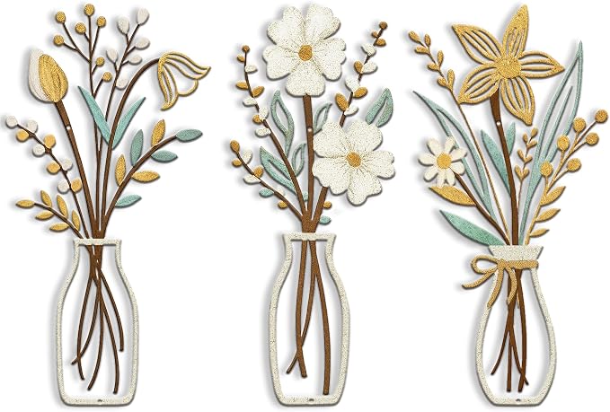 3 Piece Metal Flower Wall Art for Bedroom Living Room Rustic Farmhouse Floral Wall Decor for Bathroom Dining Room Boho Home Decorations Modern Minimalism Walls Hanging Sculptures(Gold Yellow White)