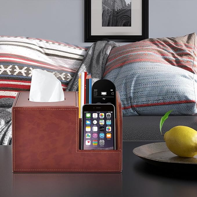 PU Leather Square Tissue Box Cover,Multifunctional Tissue Box Holder,Tissue Box with Storage,Tissue and Remote Control Holder,Tissue Box Decorative Desk Organizer for Home&Office,Brown