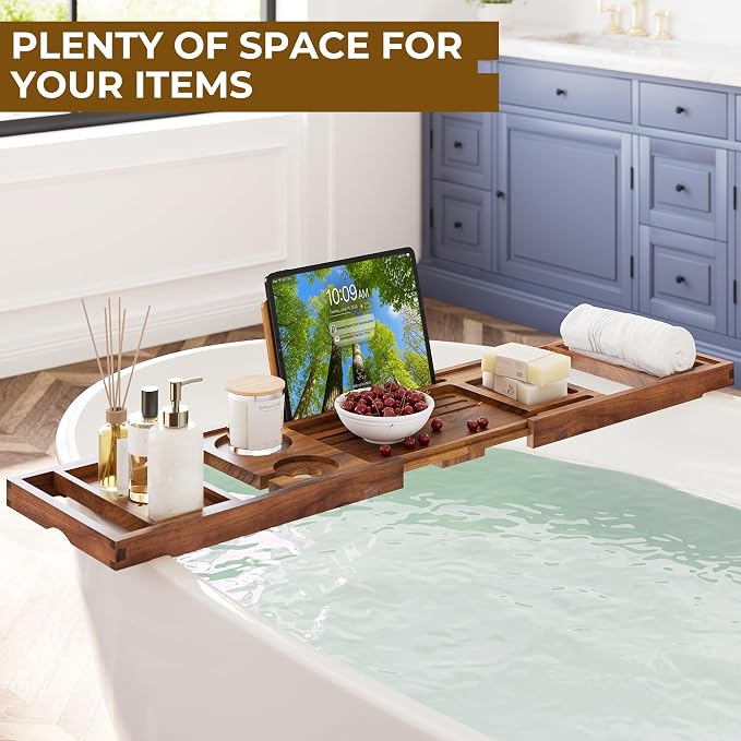 Teak Bathtub Tray Caddy, Foldable Bath Tray with Expandable Handles, Wine Glass and Phone Holders, Book Stand, for Home Spa Relaxation, Luxury Bathroom Accessories - Light Walnut Color