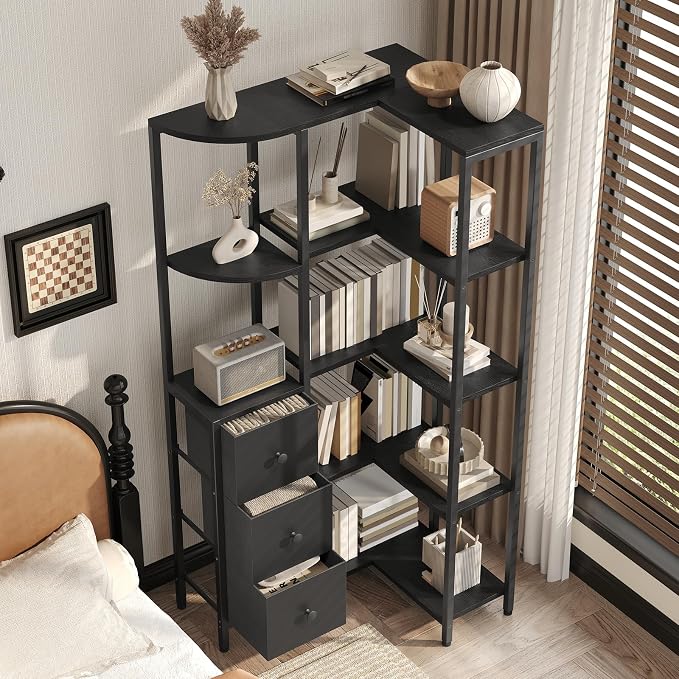 Corner Bookshelf, 5-Tier L-Shaped Bookcase with 3 Fabric Drawers, Storage Display Shelf, Freestanding Tall Open Shelf, for Living Room, Bedroom, Home Office, Black SJ12BB