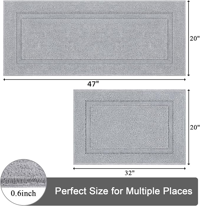 SHACOS Soft Microfiber Bathroom Rugs Set of 2 Pieces, Light Grey | 47x20 + 32x20, Absorbent Plush Bath Rugs, Non Slip Washable Shaggy Bath Mats, Fluffy Bathroom Runner Floor Mats Shower Rug